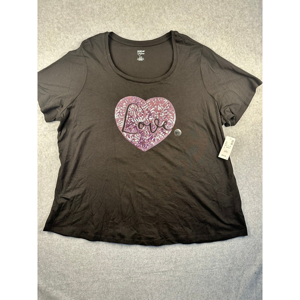 Avenue Favorite Tee Black Sequin Heart Love Graphic T-Shirt Plus Size 22/24 NWT